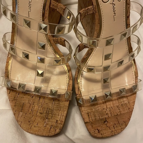 Corked / tan colored wedge, Silver studded, Strappy, 3 inch heels - Picture 6 of 7